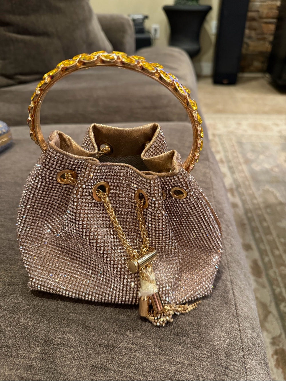 Embellished Rose Gold Mini Drawstring Bag with Crystal Handle